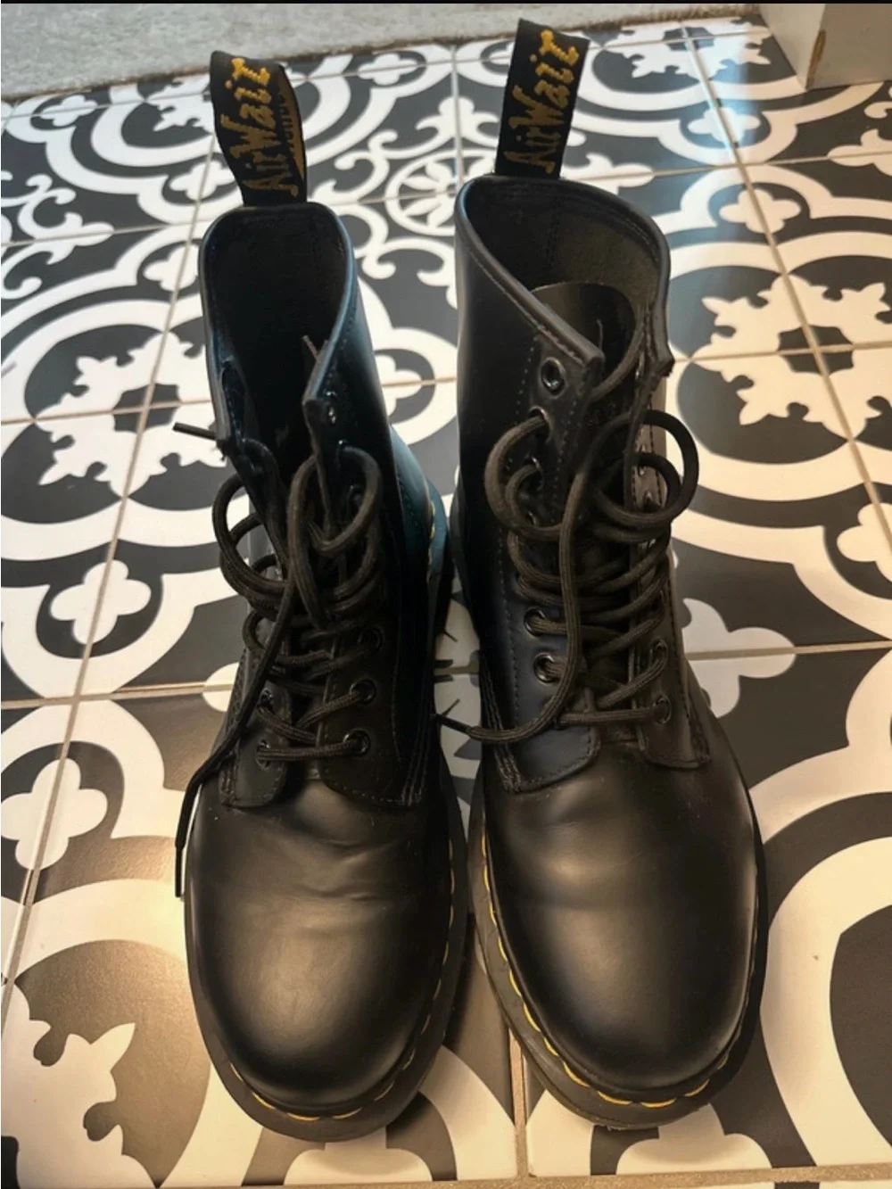 Dr. Martens Black Leather Lace-Up Combat Boots with Yellow Stitching